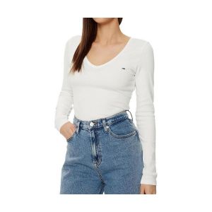 Tommy Hilfiger Tommy Jeans T-Shirt Manches Longues Femme Slim Fit Essential V-Neck Col en V, Blanc (Ecru), XL