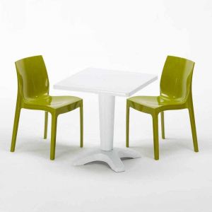 Grand Soleil Table et 2 chaises color&eacute;es polypropylene ext&eacute;rieurs PATIO | Ice Anis vert - Blanc