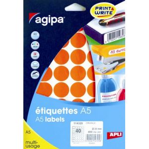 Agipa 114325 - 400 étiquettes orange multi-usage, diamètre 24 mm (10 feuilles A5 / cdt)
