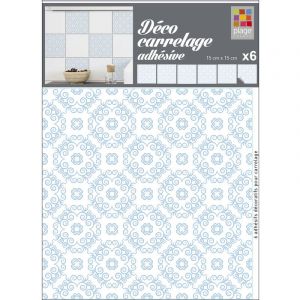 Plage Sticker carrelage adhésif décoratif autocollant, carreaux sobre graphique bleu et blanc avec formes nuageuses, x6, 15 cm x 15 cm - Bleu