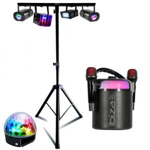 Pack Enceinte Karaok&eacute; Ibiza Portable Autonome Bluetooth KARAHOME-BK 120W USB 2 Micros sans fil - Pied Portique - 5 Effets Lumi&egrave;re