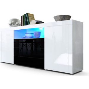 Buffet Commode Dressoir Crédence Santiago Blanc - Façades en coloris divers - Blanc haute brillance / Noir haute brillance avec éclairage led - Blanc
