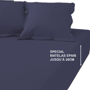 Drap Housse Grand Bonnet Percale De Coton TERTIO - Bleu Indigo