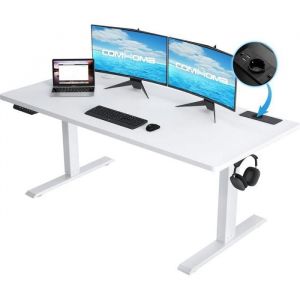 Comhoma - Bureau Assis Debout Électrique 140 60cm, Table Réglable en Hauteur, Fonction Mémoire 2 Hauteurs, pour Le Bureau, la Chambre, Blanc