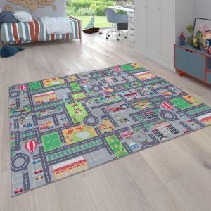 Paco Home - Tapis De Jeu Tapis Pour Enfants Chambre D'Enfant Motifs Rues Avec Voiture, Gris 100x200 cm
