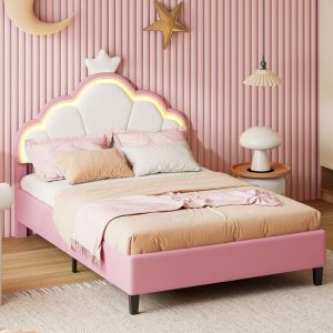 Lit enfant 90x200cm - lit princesse avec sommier à lattes, tête de lit en forme de couronne - en flanelle rose
