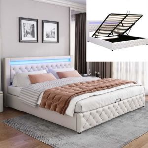 Lit coffre rembourré en similicuir avec LED - 180x200cm - avec sommier à lattes - Blanc