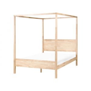 Beliani Lit &agrave; Baldaquin Moderne Minimaliste en Bois d'H&eacute;v&eacute;a 160 x 200 cm Lattes Marron Clair Hauterives