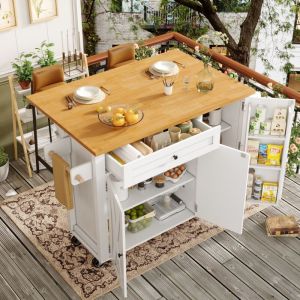 Desserte de cuisine avec table de bar pliante, buffet mobile, 3 portes 1 tiroir, 5 roulettes, MDF, 99&times;40/70&times;90cm, blanc