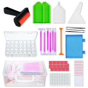 Happy Painter - Accessoires de peinture pour adultes - set 48 pièces - avec rouleau 28 compartiments - boîte de rangement et stylo - boîte de tri - boîte à perles