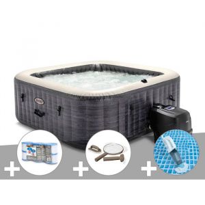 Intex Kit spa gonflable PureSpa Ardoise carré Bulles 4 places + 6 filtres + Kit d'entretien + Aspirateur