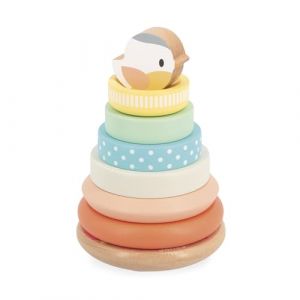 Janod Empilable Culbuto en Bois Oiseau - Jouet d'Eveil en Bois - 7 Pièces à Empiler - Tour à empiler - Base mouvante - Jouet bébé Dès 1 an - J05145