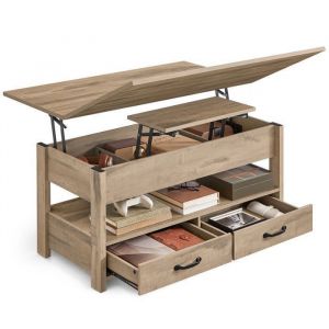 Table basse relevable v&eacute;rin &agrave; gaz 2 tiroirs et 3 compartiments marron