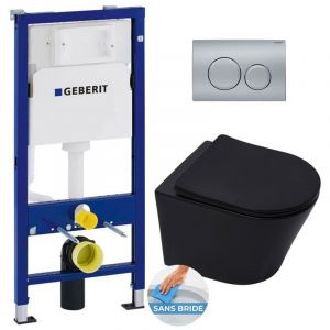 Geberit Pack wc bati Duofix + wc sans bride sat Infinitio Noir mat + Abattant frein de chute + Plaque chrome mat