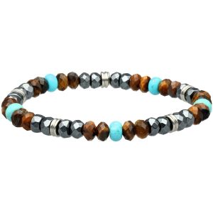 Bracelet Acier Perles Facettées Turquoise Hématite Pierre De Lune Et Oeil De Tigre