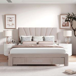 Lit adulte 140x200cm en tissu beige avec grand tiroir 2 places lit double Sommier &agrave; lattes et sommier Scandinave Beige