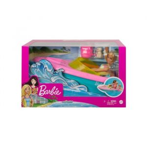 Coffret hors bord barbie - bateau + poup&eacute;e mannequin + chien avec 3 accessoires - set loisir et carte tigre