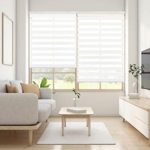 Blindecor Lira Store Enrouleur Jour Nuit Tissu Double, Couleur Blanc, Store zèbre 120 x 180 cm (Largeur x Hauteur) | Taille du Tissu 117 x 175 cm. Stores Tissu Double élégants