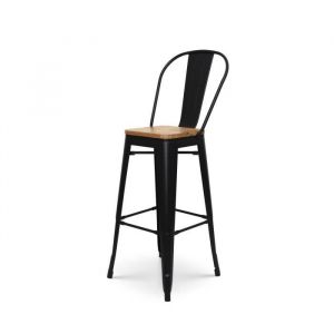 Kosmi Tabouret de bar en métal noir mat style industriel avec dossier haut et assise en bois clair - Hauteur 76cm