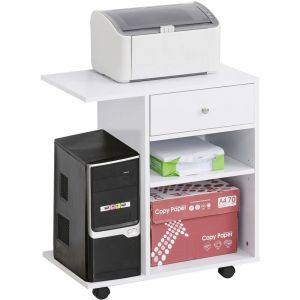 Homcom Support d'imprimante organiseur bureau caisson 2 niches tiroir espace CPU + grand plateau panneaux particules blanc 60x40x68cm Blanc