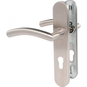 Exem Poignée de porte sur plaque inox brossé - Clé I - Entraxe fixation 165 à 195 mm - Béquille courbé