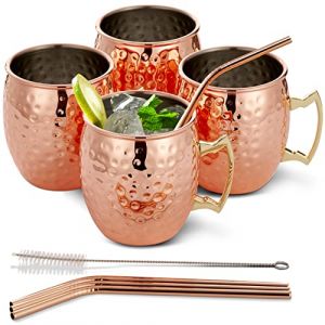 Oak & Steel - Ensemble de mules Moscou 9 pi&egrave;ces - 4 Tasses en Cuivre, 4 Pailles & Brosse - Incassable - Cocktails & Boissons Froides
