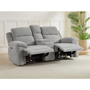 Canap&eacute; 2 places relax &eacute;lectrique avec tablette en tissu chin&eacute; gris KELUNO