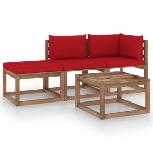 VidaXL Salon palette de jardin 4pcs avec coussins Bois de pin imprégné - Rouge