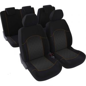 Jeu complet de housses de sièges - Universelles - Voiture/Auto - Avant/Arrière 2/3-1/3 - Tissu noir / gris avec surpiqure orange - Spécial 4x4