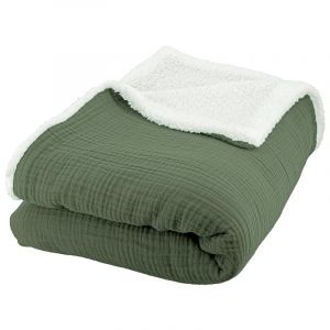 Coté Déco Plaid - 130x170 - Vert Kaki - Gaze de Coton - Sherpa - Certifié OEKO-TEX