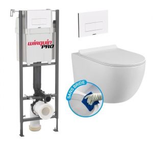 Wirquin Pro - Pack Complet wc Sans Bride Bati initio + Cuvette noir matt suspendu sans bride + Plaque Blanche design