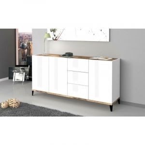 Placard Dlong, Buffet de cuisine avec 3 portes et 3 tiroirs, Buffet de salon, 100% Made in Italy, 160x40h82 cm, Blanc brillant et Érable - Dmora