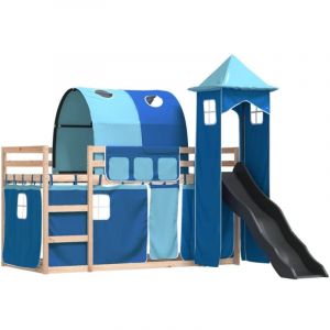 VidaXL Lit Superposé Avec Toboggan Et Rideaux Bleu 80x200 Cm