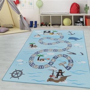 Teppium Tapis enfant motif pirate coloris bleu 80x120 cm tapis chambre enfant tapis chambre bébé