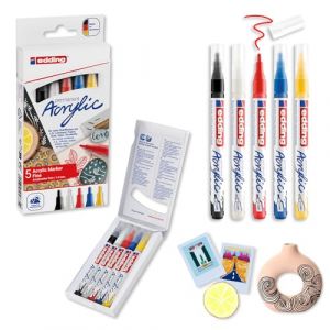 Edding 5300 Marqueurs acryliques fins &ndash; Lot de 5 marqueurs multicolores &ndash; Pointe fine 1-2 mm &ndash; Crayons de peinture acrylique pour peinture sur toile, papier d'art, bois, pierre &ndash; Fabriqu&eacute; en Allemagne