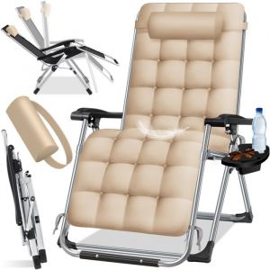 KESSER Chaise longue pliable avec porte-boisson Chaise de jardin avec coussin Chaise longue Extra large Chaise longue de jardin Dossier réglable