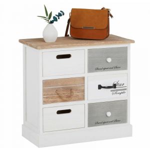 Idimex Chiffonnier - SALVA - 6 tiroirs - Bois de paulownia - Style shabby chic vintage rustique blanc
