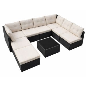 Concept-Usine Salon De Jardin 8 Places En R&eacute;sine Tress&eacute;e Noir Et Beige Yanuca