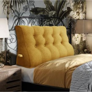 Compensé Coussin de lecture Triangulaire de Repos au lit Dossier Tête de lit Soutien Dorsal Oreiller Décoratif, Jaune Mélange de lin, 140 x 25 x 55