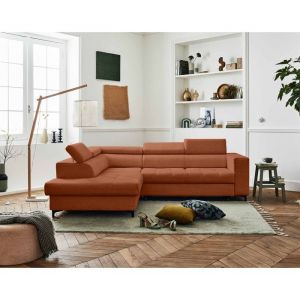 Canapé d'angle gauche convertible 5 places en tissu terracotta