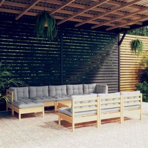 VidaXL Salon de jardin 11 pcs avec coussins gris bois de pin