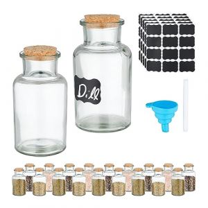 Relaxdays Salière et poivrière, Couvercle, Lot de 20, 250 ML chacun, étiquettes, marqueur, Entonnoir, Transparent
