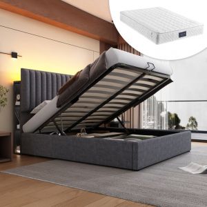 Hommoo - Lit coffre Lit rembourr&eacute; double 160 x 200 cm avec sommier &agrave; lattes en bois, led avec chargement usb Type c, gris, matelas inclus