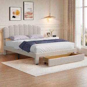 Lit adulte 160x200 cm - 1 tiroir - tissu beige - cadre de lit 160x200 cm - lit rembourr&eacute; - lit double avec sommier &agrave; lattes