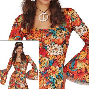FIESTAS GUIRCA Déguisement Flower Power Femme - Robe Hippie Courte Années 70 avec Motif Fleur et Bandeau Hippie - Déguisement Disco Années 60 pour Femme Taille M