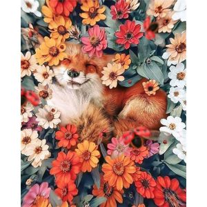 Peinture au numéro : Petit Renard caché dans les Fleurs - sans châssis en bois