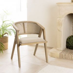 Macabane Pierre - Chaise en bois assise tissu couleur lin dossier rotin naturel
