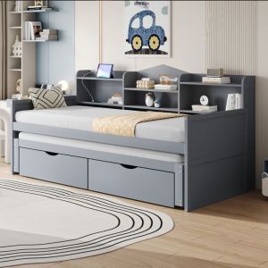 Lit superpos&eacute; 90 x 200 / 140 x 200 avec meuble &agrave; chaussures et rangements, m&eacute;tal, enfant/adulte, cert. EN747 - blanc