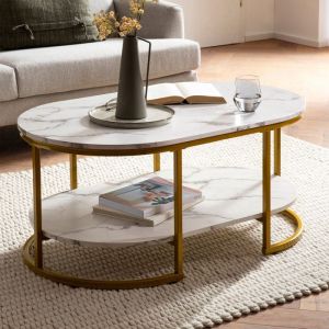 M&S Table basse double plateau 100x60x45 cm aspect marbre blanc et doré