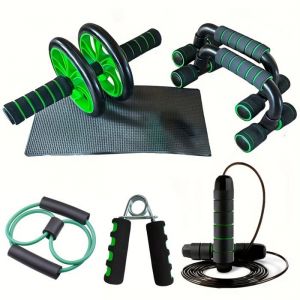 Set Fitness Complet 7 Pi&egrave;ces : Roue Abdos, Poign&eacute;es De Pompes, Corde, &Eacute;lastique & Plus &iquest; Entra&icirc;